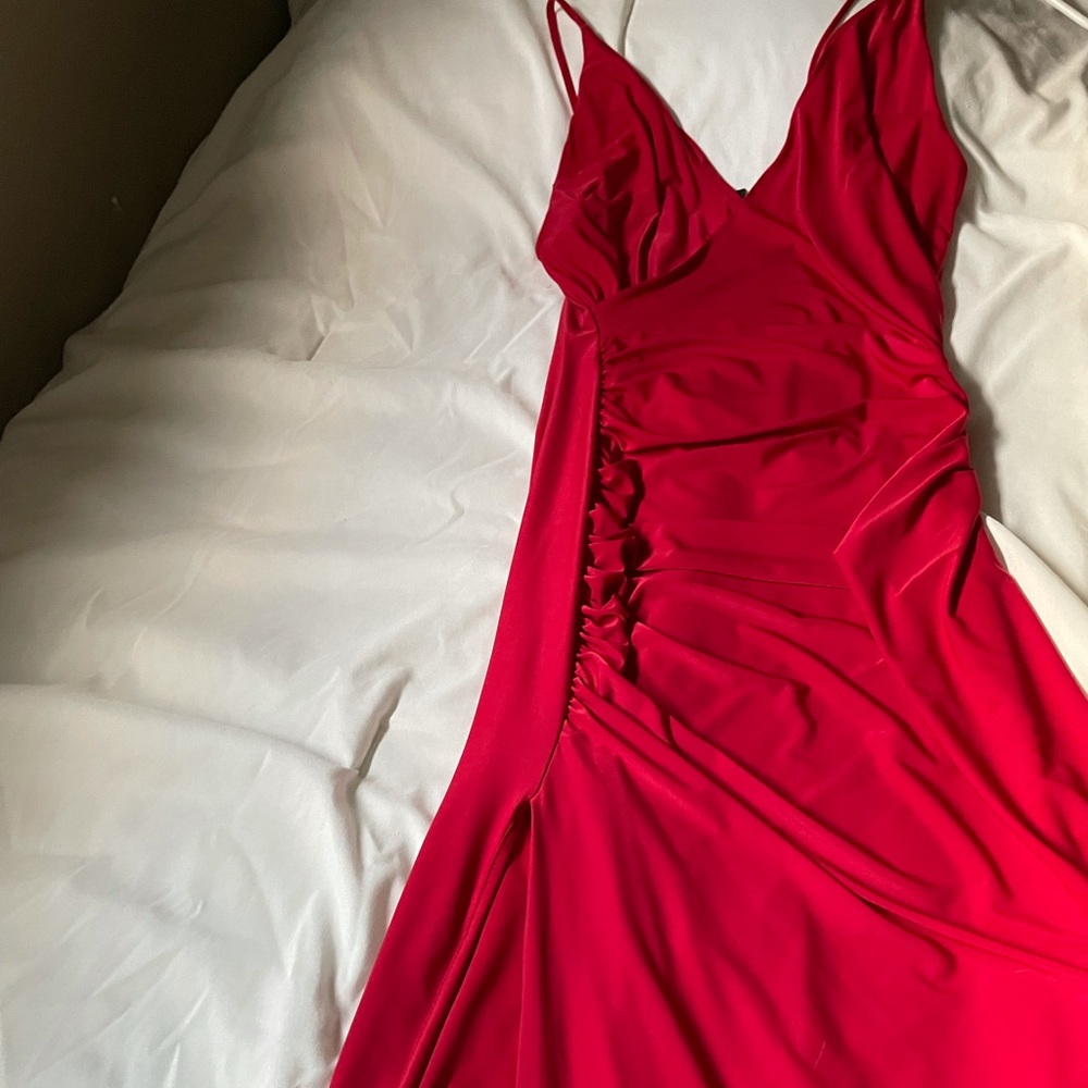 Windsor Red Long Dress w/ Ruching and Slit